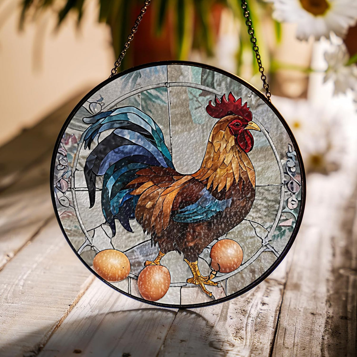 6" Rooster and Eggs Stained Glass Suncatcher Art Glass Cock Eggs Sun Catcher Indoor Window Gift for