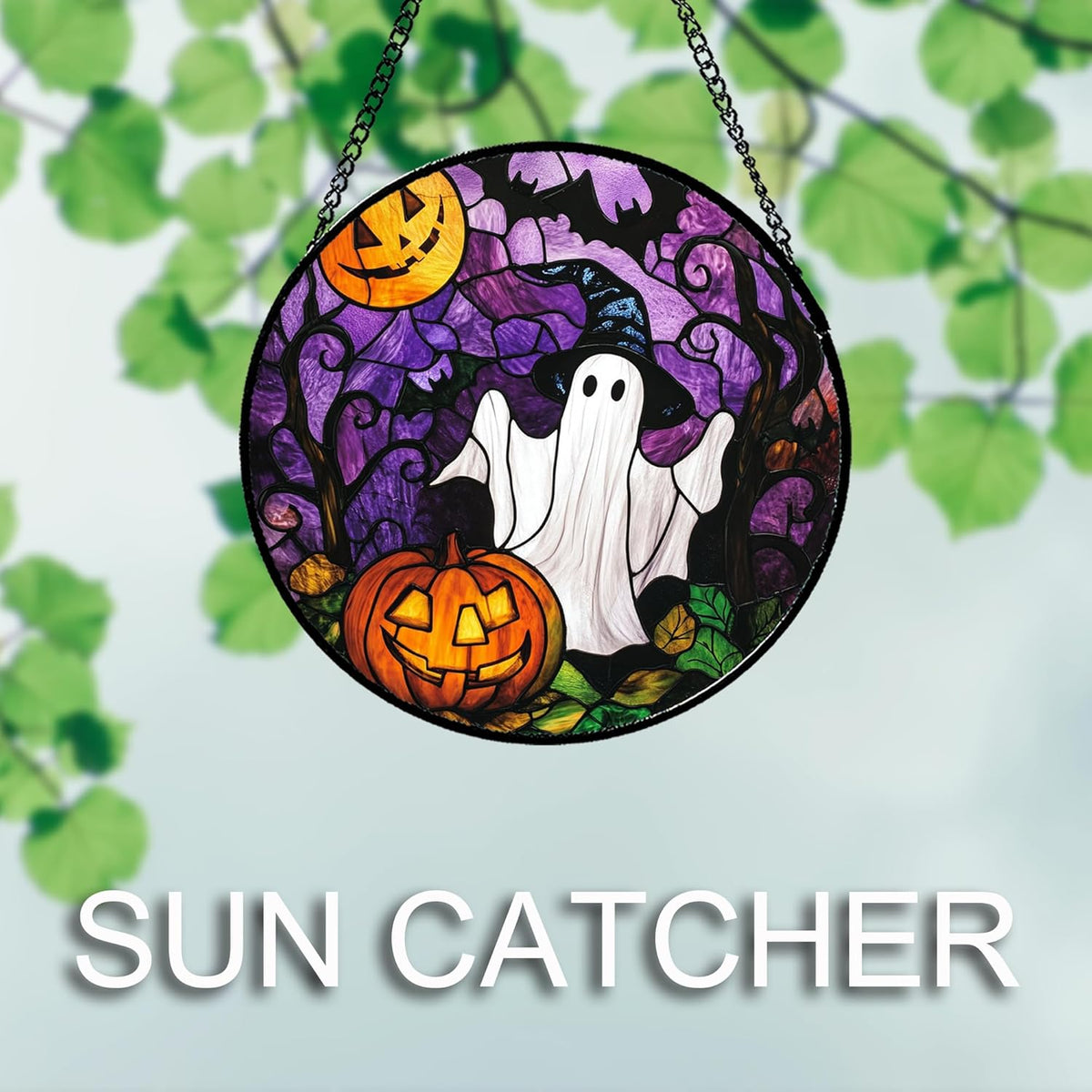 Stained Glass Window Hanging Halloween White Ghost Black Bat 11.8" - Suncatcher Door Garden Sunroom