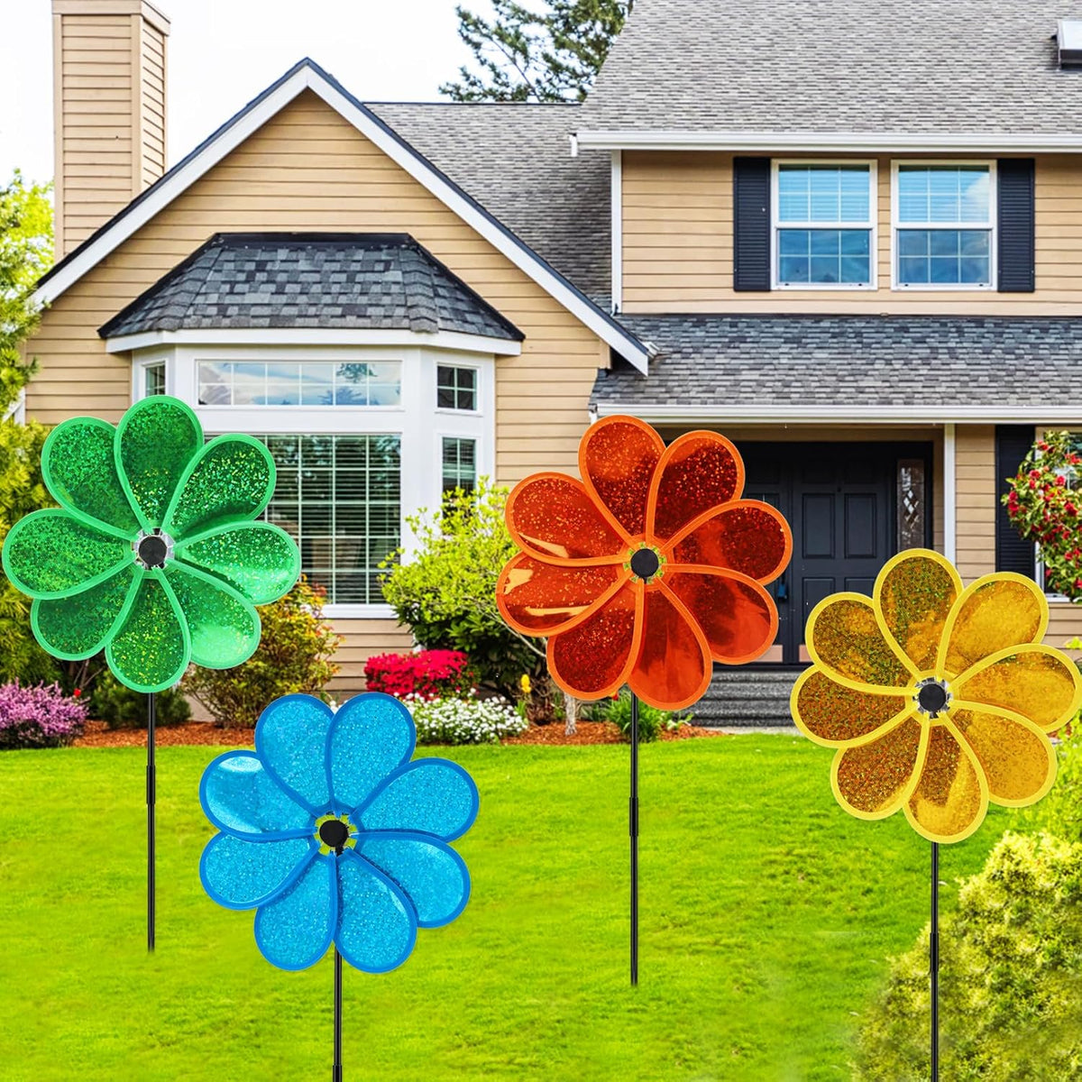 4PCS Flower Wind Spinner Sparkly Lawn Pinwheel 11.8 inch Colorful Green Yellow Orange Light Blue