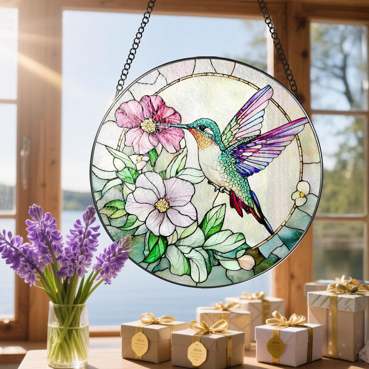 Hummingbird Suncatcher Stained Glass, Stain Glass Window Hanging, 8 Inch Stained Glass Decor, Bird
