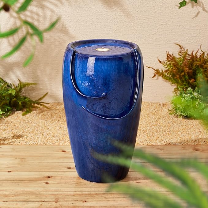 Glitzhome Ceramic Vase Outdoor Water Fountain Tall Patio Garden Water Fountain with LED Light and