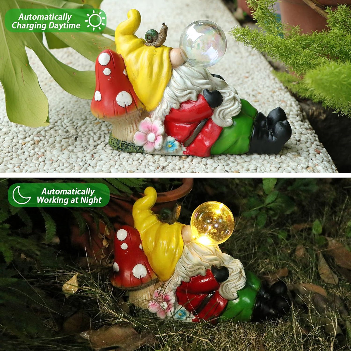Garden Gnome Statue Outdoor Decor, Funny Gnome Figurine Lying on Mushroom with Crackle Globe