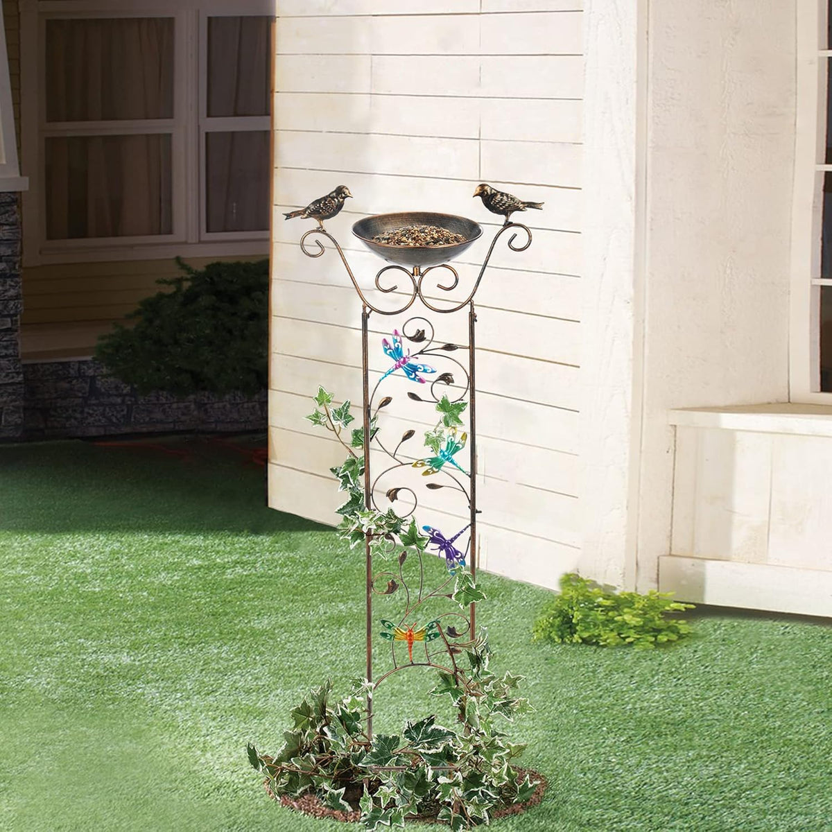 SUNNYPARK Bird Bath with Trellis Outdoor, Antique Garden Iron Plant Trellis with Decorative