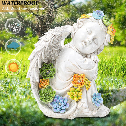 Solar Cherub Angel Outdoor Garden Decor Statues - 8 inches Angel Figurines Outdoor Sculptures with