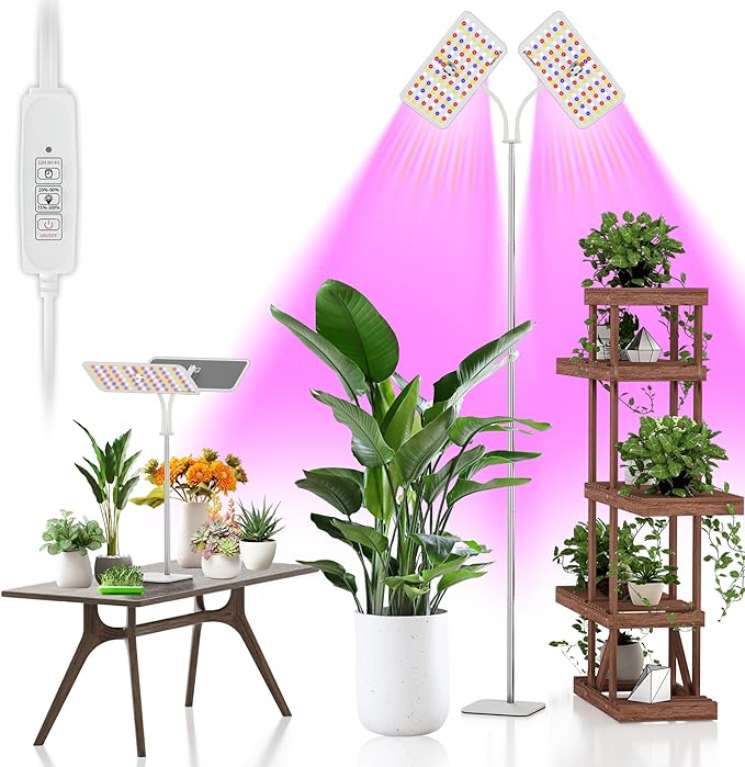 KINGPLUS Grow Lights with Stand, Double Head, Full Spectrum LED Grow Light for Indoor Plants, 240