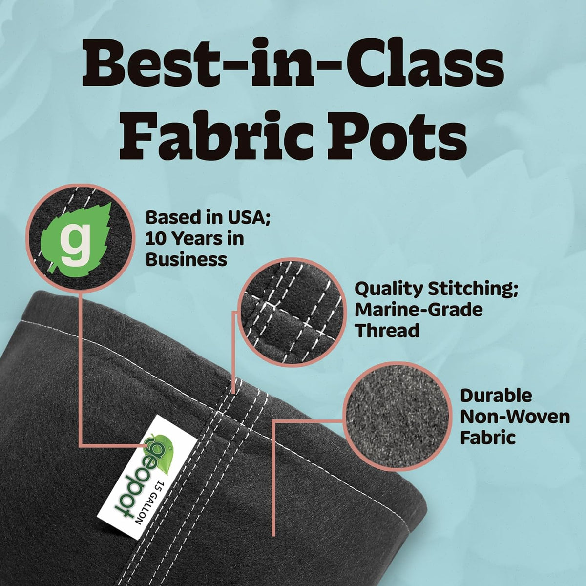 GeoPot 15 Gallon Fabric Grow Bags for Vegetables, Houseplants, Herbs & Flowers | 5-Pack | Aerated