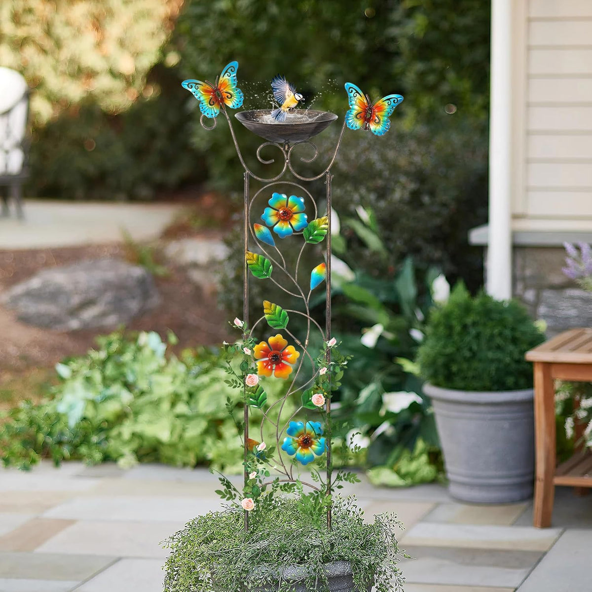 SUNNYPARK Bird Bath with Trellis Outdoor, Antique Garden Iron Plant Trellis with Decorative