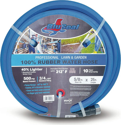 BluSeal Hot/Cold Water Rubber Garden Hose, 100% Rubber, Ultra-Light, Super Strong, 500 PSI, 50F to