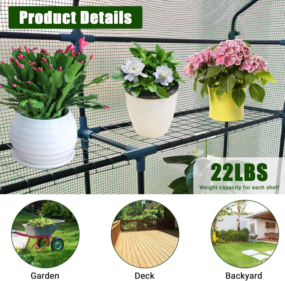 Greenhouse for Outdoors,Walk in 3-Tier 6 Shelves Green House w/ Roll-Up Zippered Door Anchors and