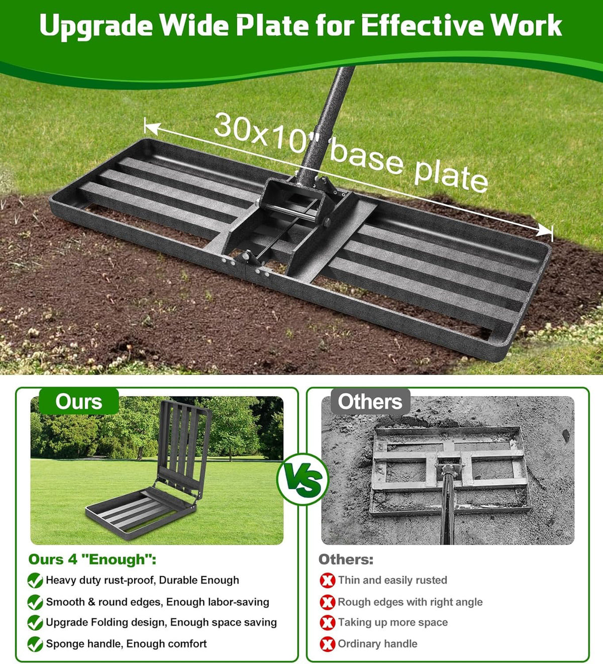 Lawn Leveling Rake 30x10 Inch , Heavy-Duty Yard Leveling Rake 6.2FT Leveler Tool for Soil, Sand &