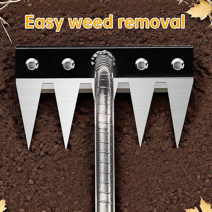 Iron Weeding Rake, 5-Teeth Detachable Gardening Hand Weeder Tool with Ergonomic Grip, Heavy-Duty