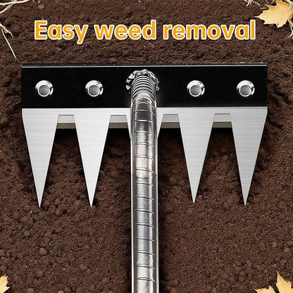 Iron Weeding Rake, 5-Teeth Detachable Gardening Hand Weeder Tool with Ergonomic Grip, Heavy-Duty