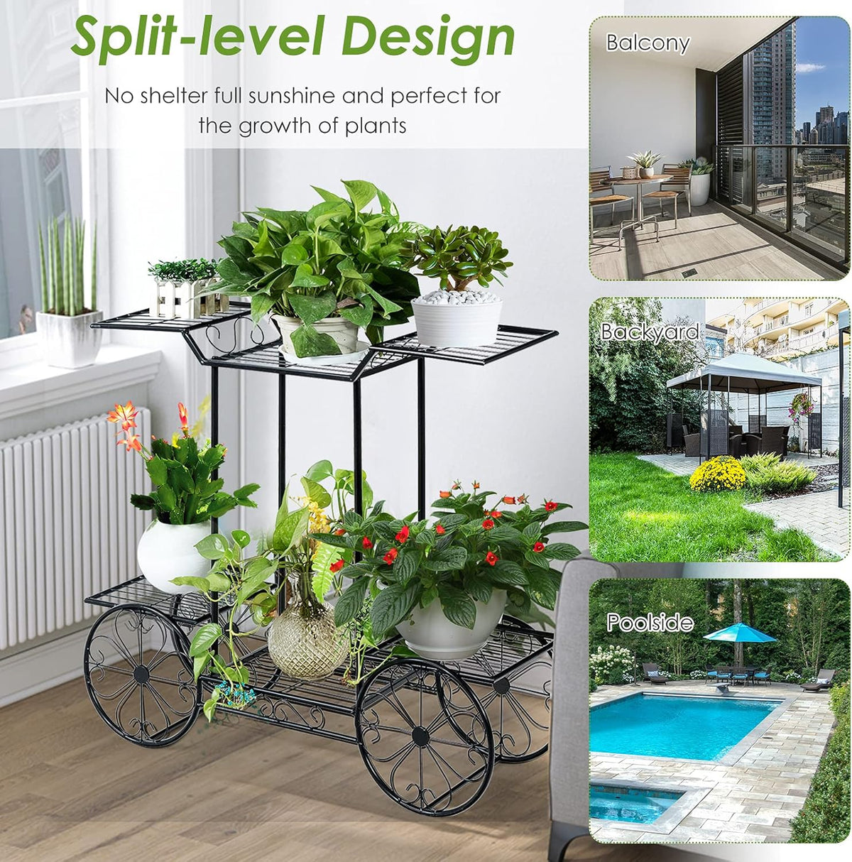 Safstar 6 Tiered Metal Plant Stand w/4 Decorative Wheels, Multilayer Flower Display Shelf for Home