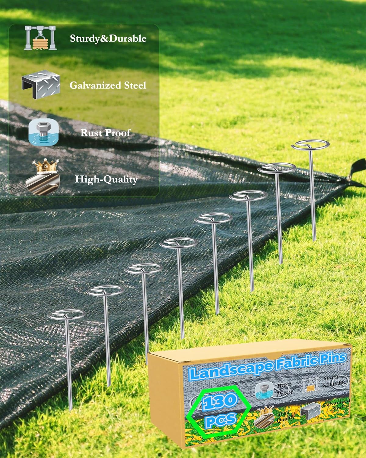 130 PCS Landscape Fabric Pins + Pick Hook, 6-Inch Galvanized Circle Top Landscape Staples - Steel