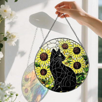 Stained Glass Window Hanging, Pauyadu 8 Inch Sunflower Black Cat Stained Glass Suncatcher, Cats