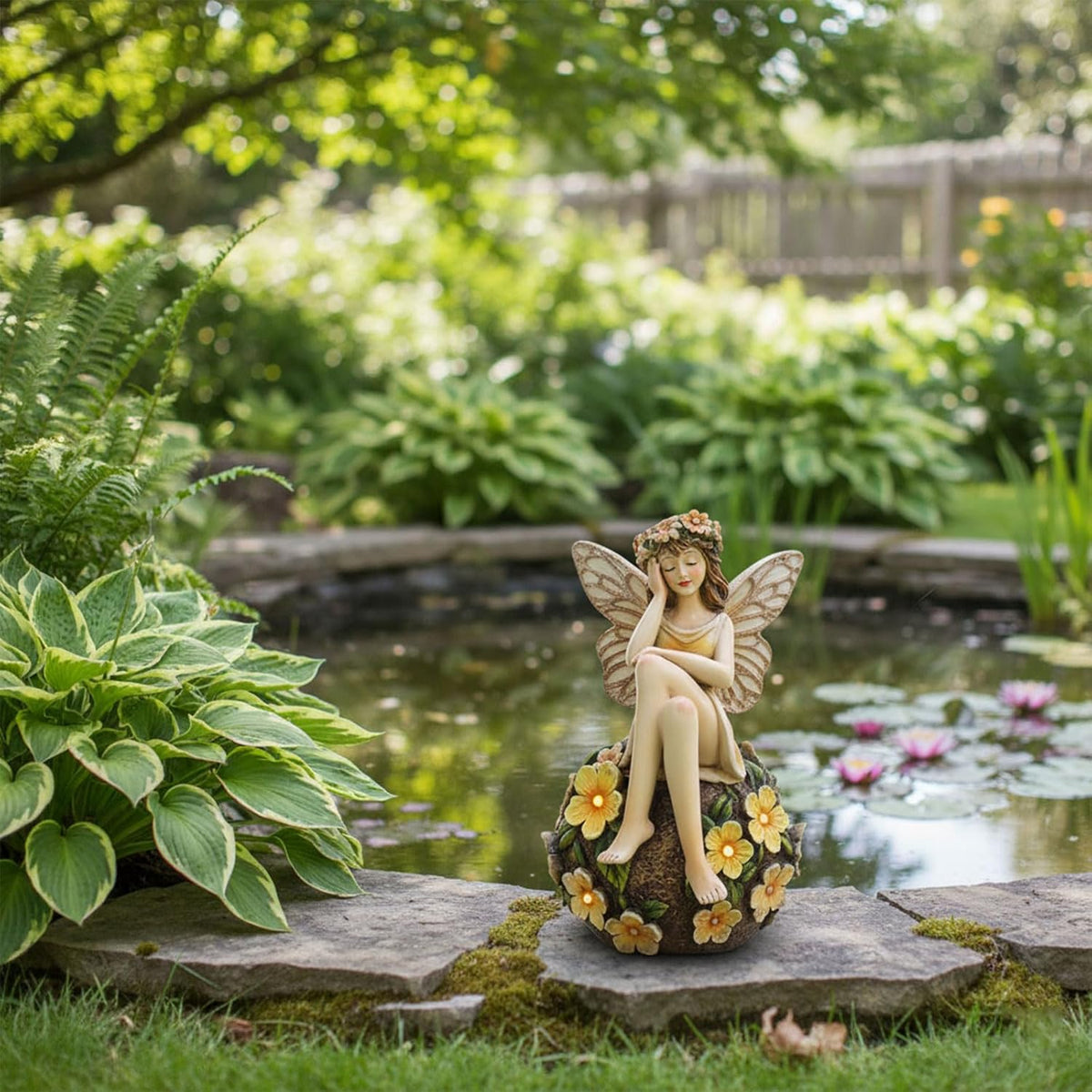 Solar Fairy Statue Sitting on The Flower Ball Light 6.8" Angel Statues for Garden Yard Patio Porch