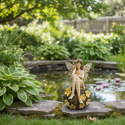 Solar Fairy Statue Sitting on The Flower Ball Light 6.8" Angel Statues for Garden Yard Patio Porch