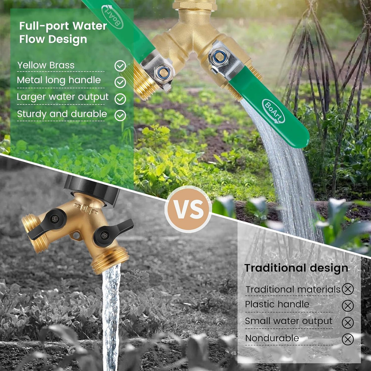 BoArt Brass Garden Hose Splitter 2 Way Heavy Duty, Y Valve Hose Splitter With Stainless Steel Long