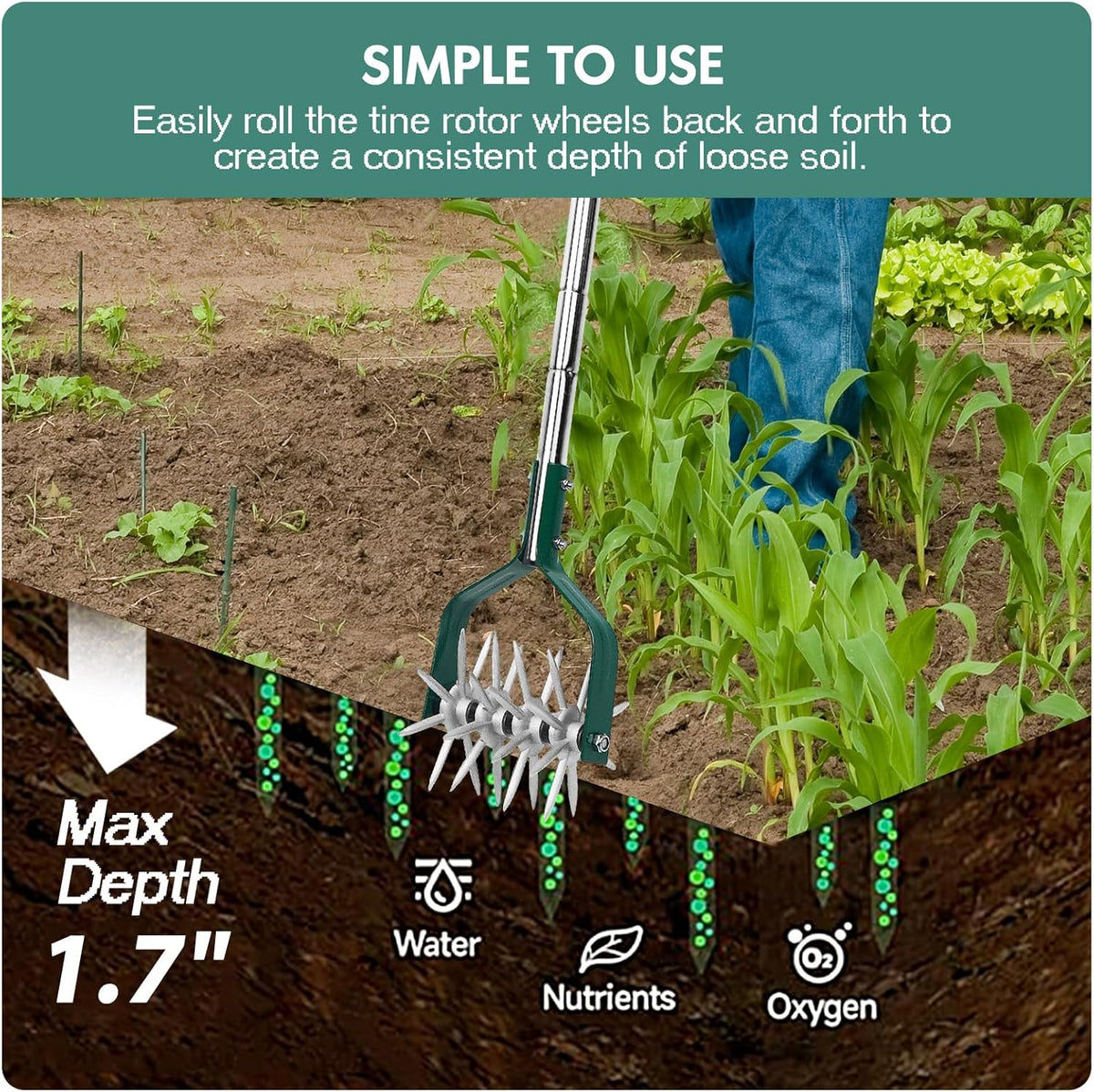 Rotary Cultivator Tiller Adjustable S/S Handle Rotary Tiller with Detachable Solid Metal Tines