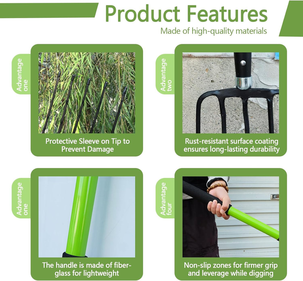 Pitch Fork-57 Inch，5-Tine Steel Garden Fork Heavy Duty, Mulch with Cushion Grip, Green Fiberglass