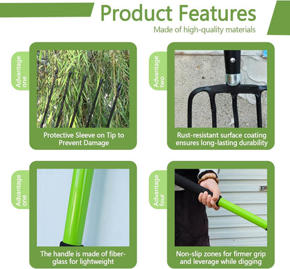 Pitch Fork-57 Inch，5-Tine Steel Garden Fork Heavy Duty, Mulch with Cushion Grip, Green Fiberglass