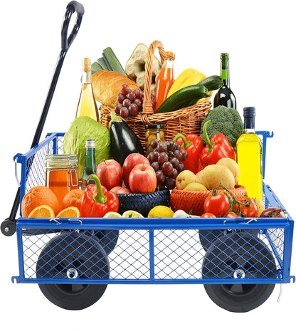 Solid Wheels 10" Flat Free Tires Steel Garden Wagon cart A Large-Capacity mesh with a Load of
