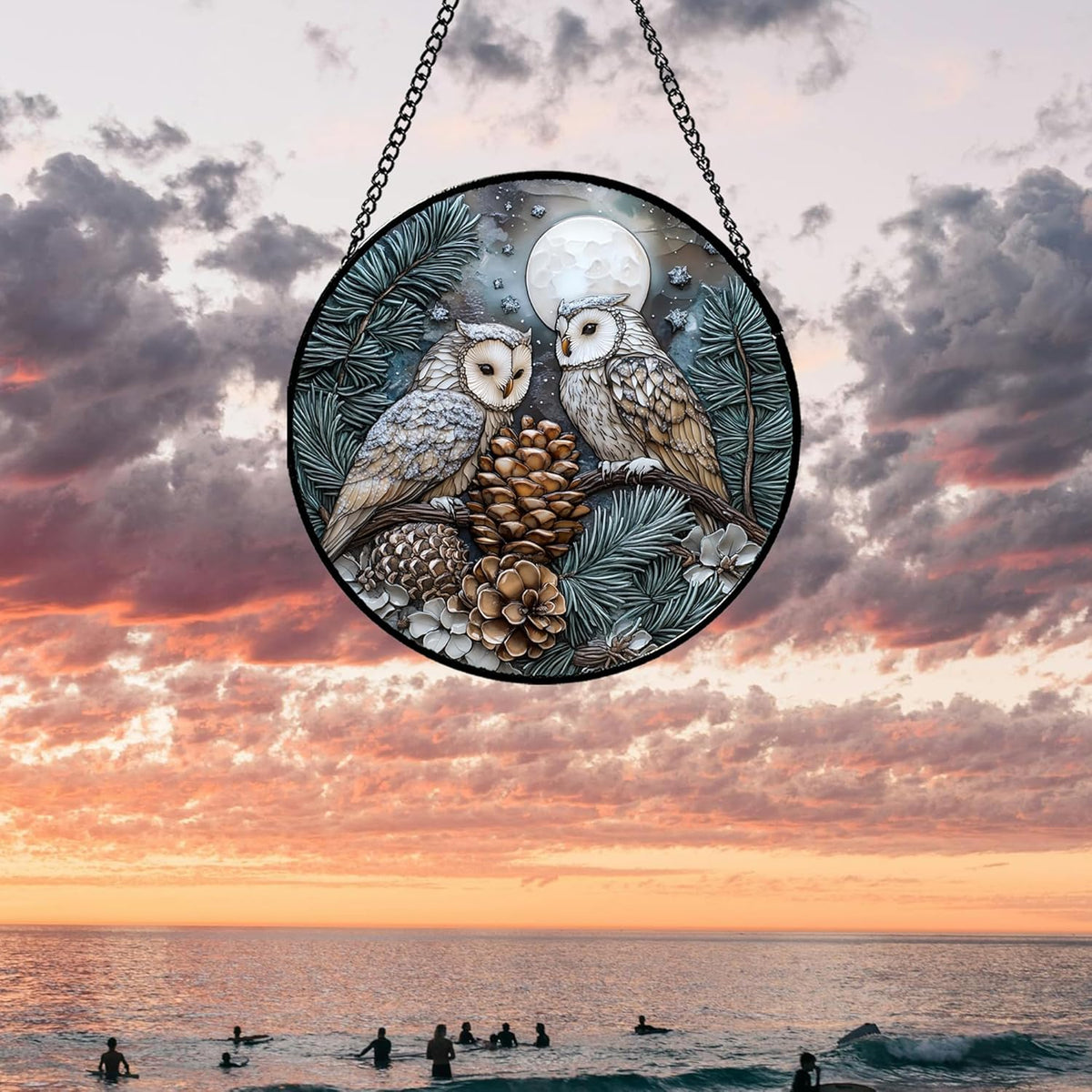 Stained Glass Window Hanging - Owl On A Tree Suncatcher for Doors Garden Patio Winter Scene Sun