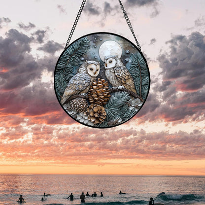 Stained Glass Window Hanging - Owl On A Tree Suncatcher for Doors Garden Patio Winter Scene Sun