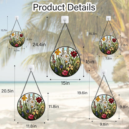 Stained Glass Window Hanging, Colorful Wildflowers Plant Scenery Suncatcher for Doors Window Home