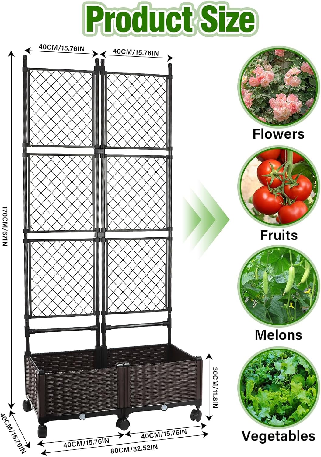 Kalolary 170CM Raised Garden Bed with Metal Trellis, Large Plastic Planter Box with Drainage Hole