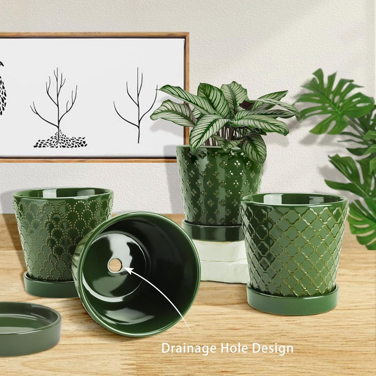EFISPSS Ceramic Plant Pots, 5 Inch Planters with Drainage Holes and Ceramic Tray, Relief Design