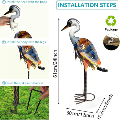 HONGLAND Solar Heron Metal Crane Statue Garden Heron Sculpture, Glass Outdoor Crane Yard Art