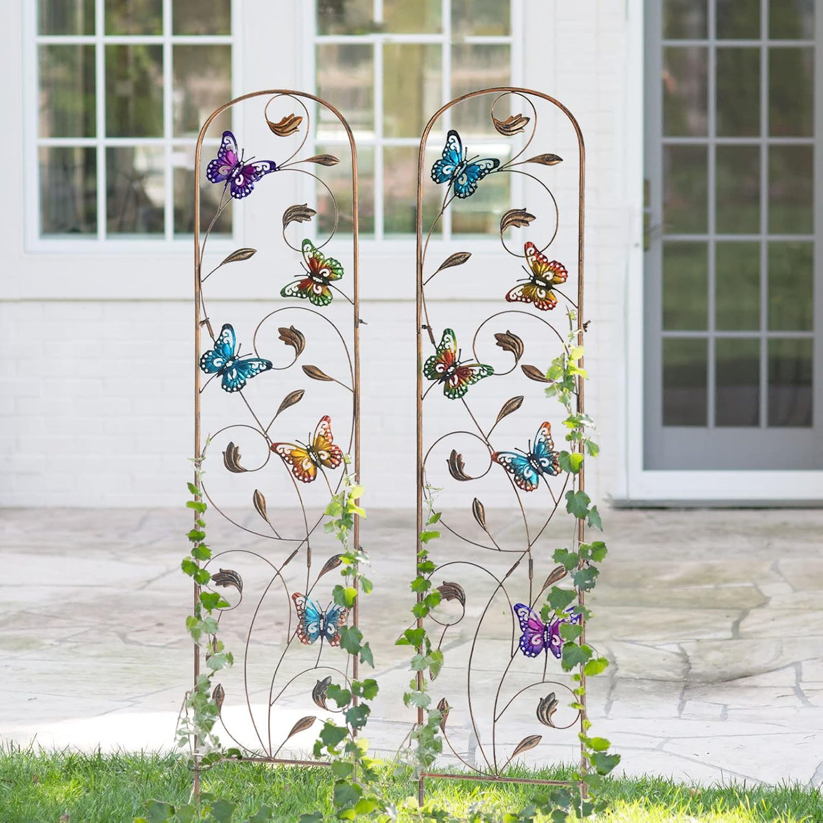 LEWIS&WAYNE 2 Pack Metal Garden Trellis with Colorful Butterfly 60 Inch High Outdoor Decoration