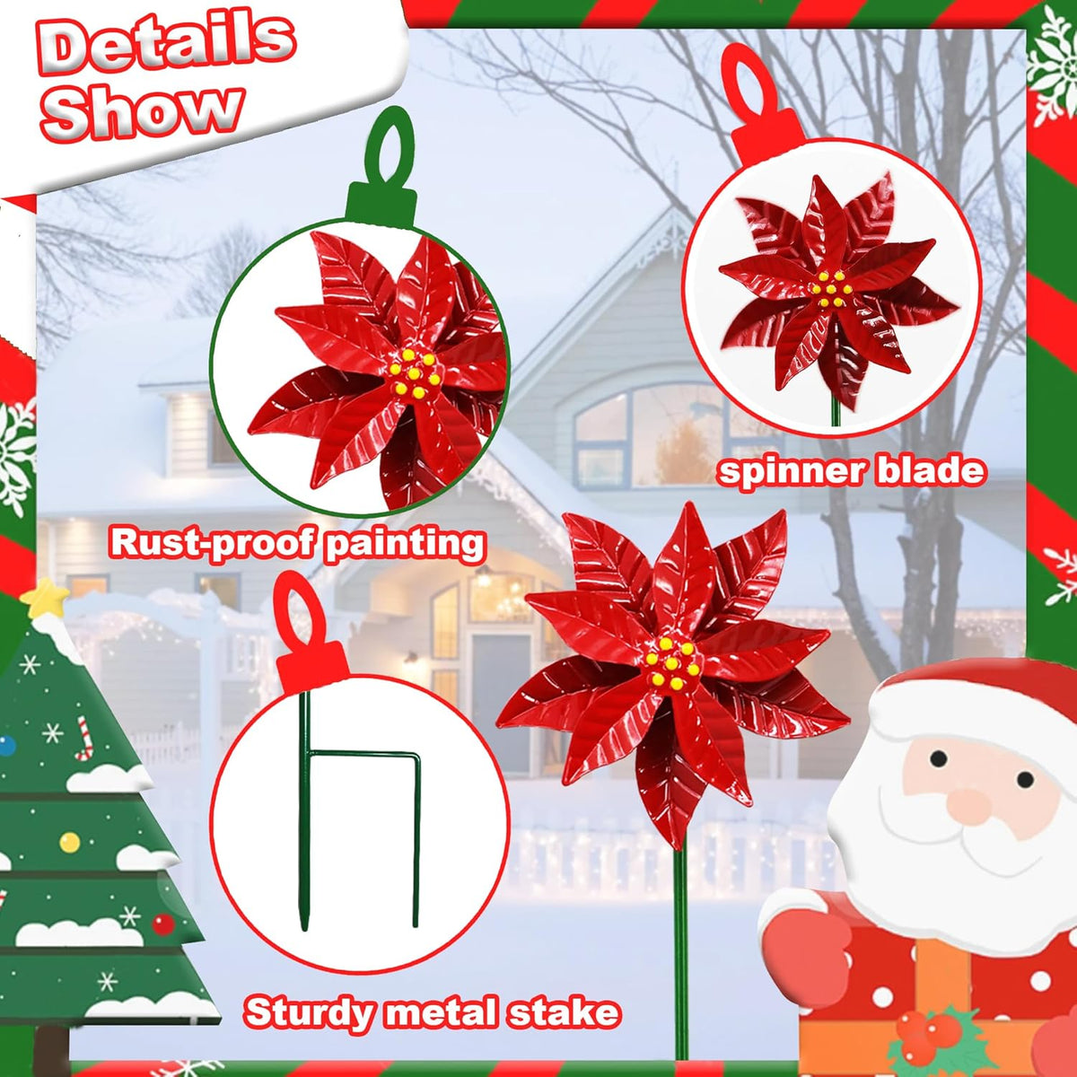 Metal Flower Wind Spinner Garden Lawn Stakes Yard Art, 27 Inch Poinsettia Windmill Iron Handicraft