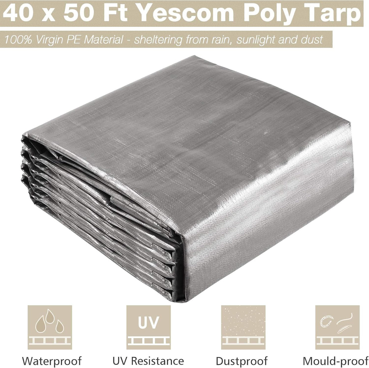 Yescom 40x50ft Heavy Duty Reinforced Poly Tarp Waterproof Tarpaulin 10-mil Ground Sheet Camping