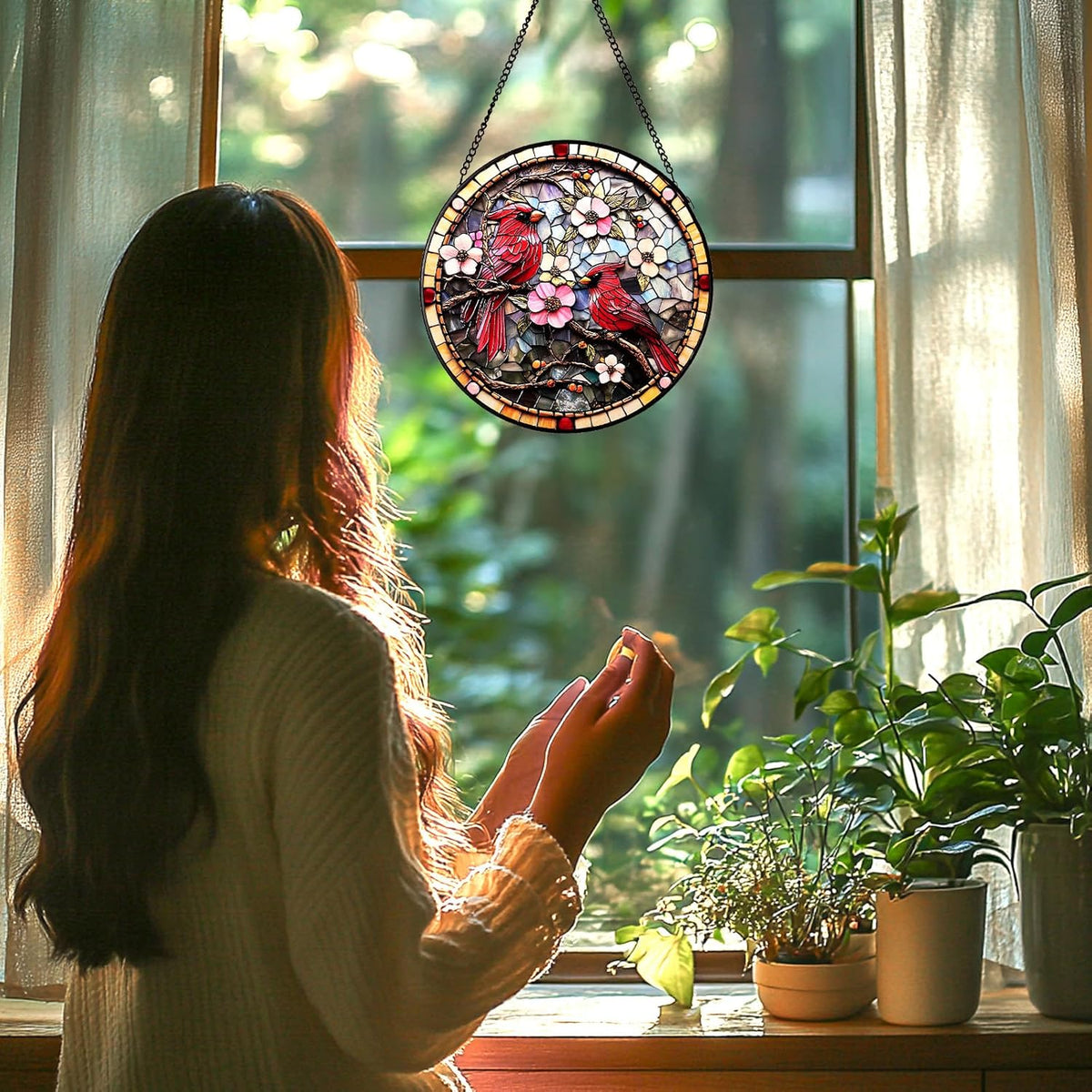 Cardinal Stained Glass Suncatcher - Hand-Painted Window Hanging with Metal Chain, Outdoor/Indoor
