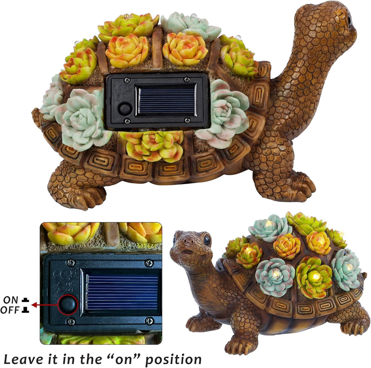 FORUP Turtle Garden Statue, Resin Turtle Figurine Garden Lawn Ornaments with Solar LED Lights for