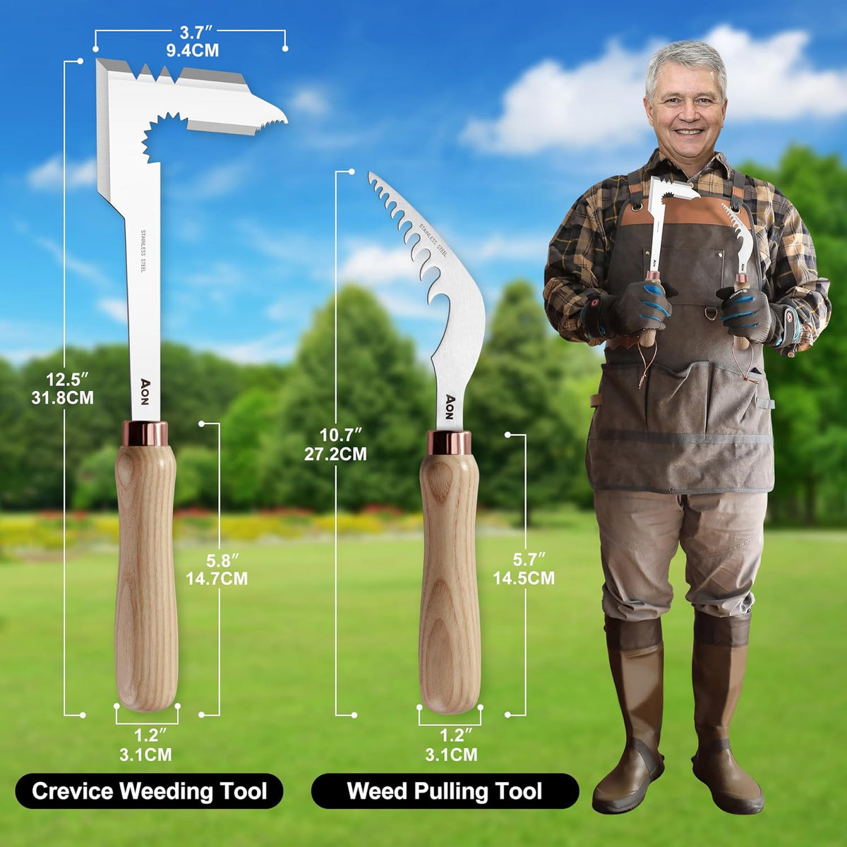 AON 2-Pack Hand Crack Weeder Puller Tool Set - Made with Heat Treated Steel and Ash Wood Ergonomic