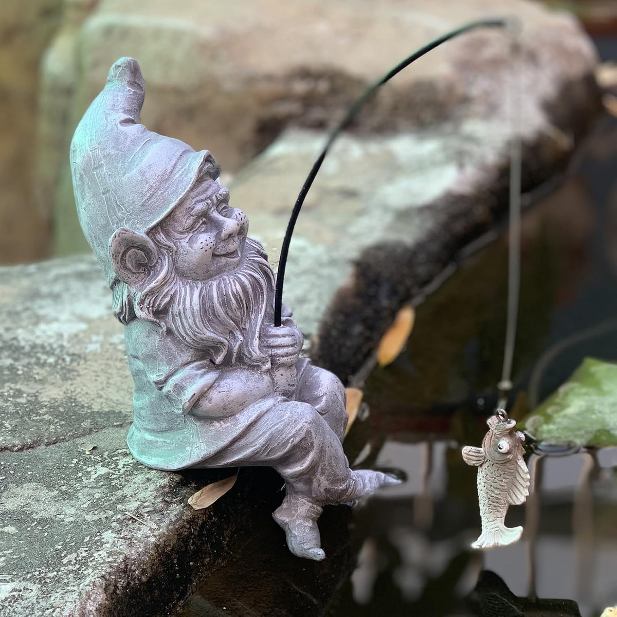 Garden Gnome Pond Statue Decoration, Fishing Gnome Garden Statue Outdoor Koi Pond or Waterfall