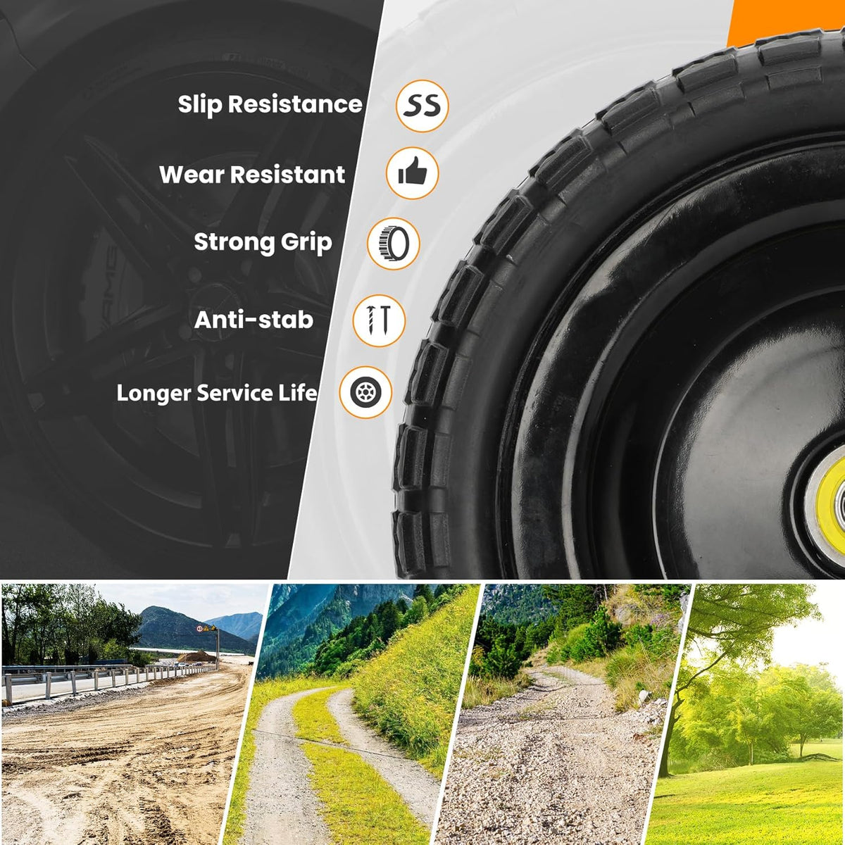13" Flat Free Wheels Replacement for GOR Garden Cart Tires, 4.00-6 Solid Tires with 5/8"Bearings