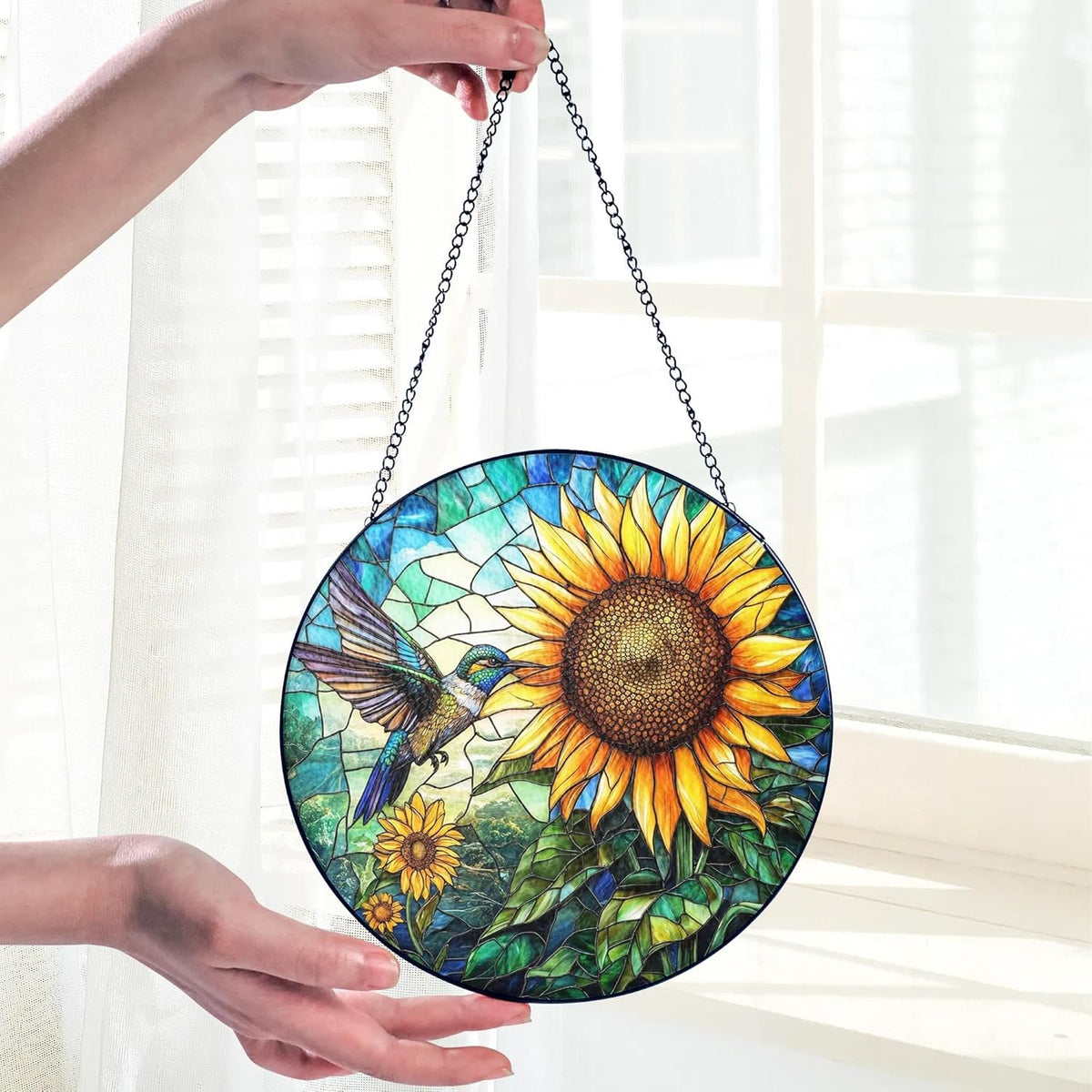 Hummingbird Stained Glass Suncatcher, Sunflower Window Hanging Stained Glass Suncatcher Hummingbird