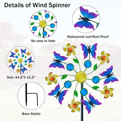 44" Butterfly Garden Wind Spinners - Metal Outdoor Stake Spinner Windmills, Wind Sculpture Yard Art