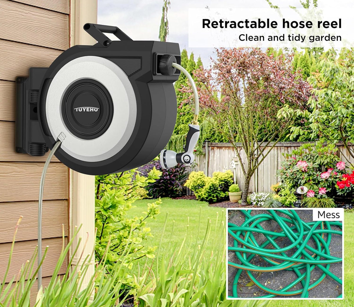 Tuyeho Retractable Garden Hose Reel 90 FT, Wall Mount Heavy Duty Water Hose Reels with Automatic
