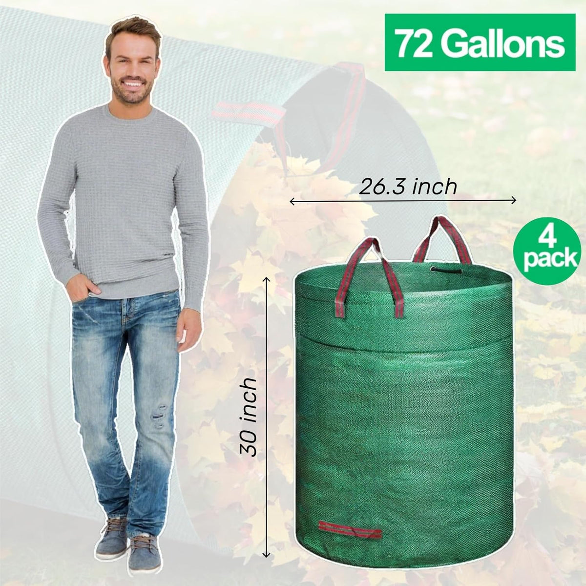 4 Pack 72 Gallons Reusable Yard Waste Bag, 4 Pack Upright Lawn Bags with 4 Handles, Lawn Leaf Bag