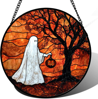 Stained Glass Window Hanging - Halloween Ghost Holding A Pumpkin Lantern Suncatcher for Door Garden
