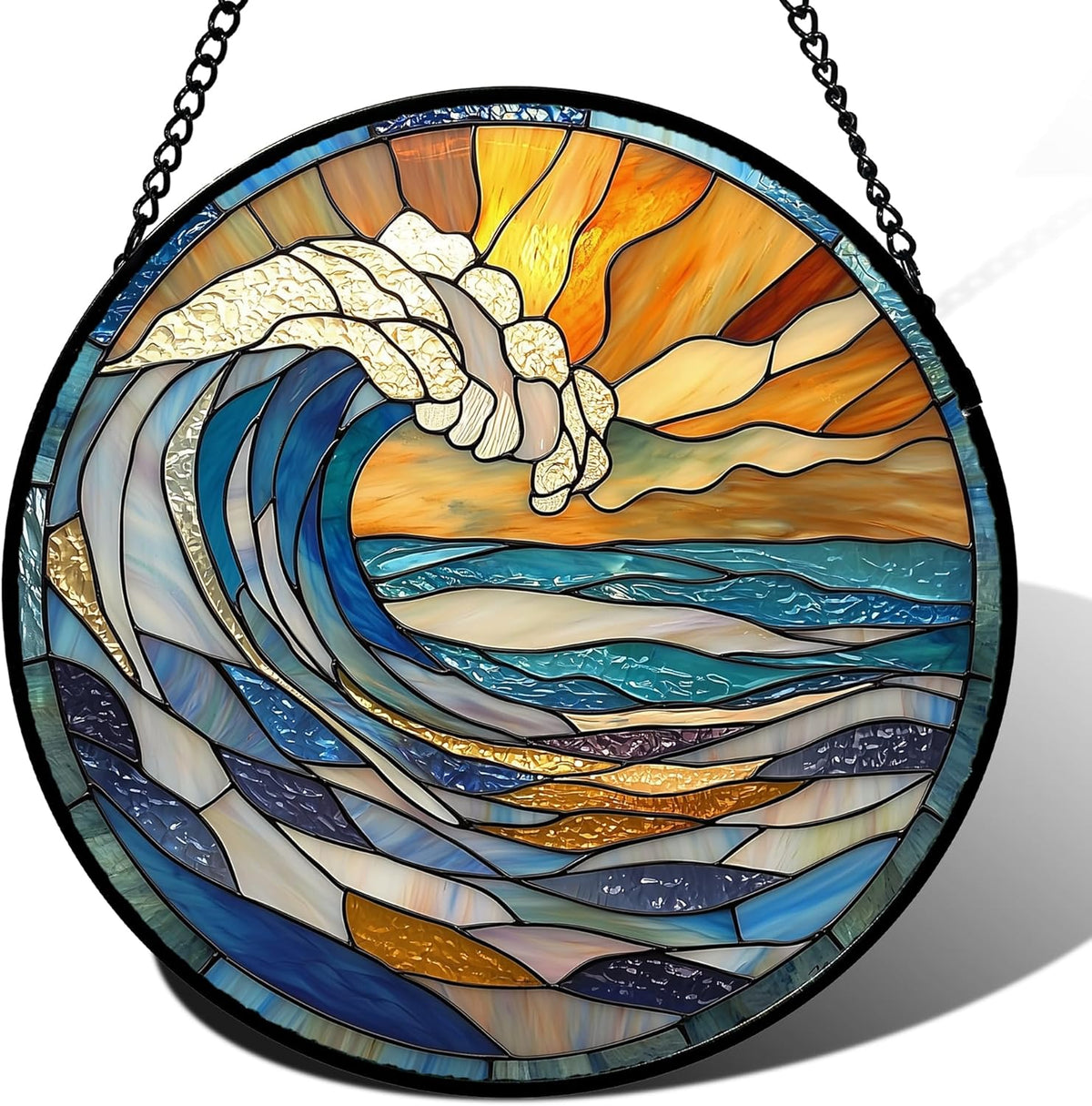 Stained Glass Window Hanging, Orange Clouds Blue White Sea Waves Landscape Suncatcher for Doors