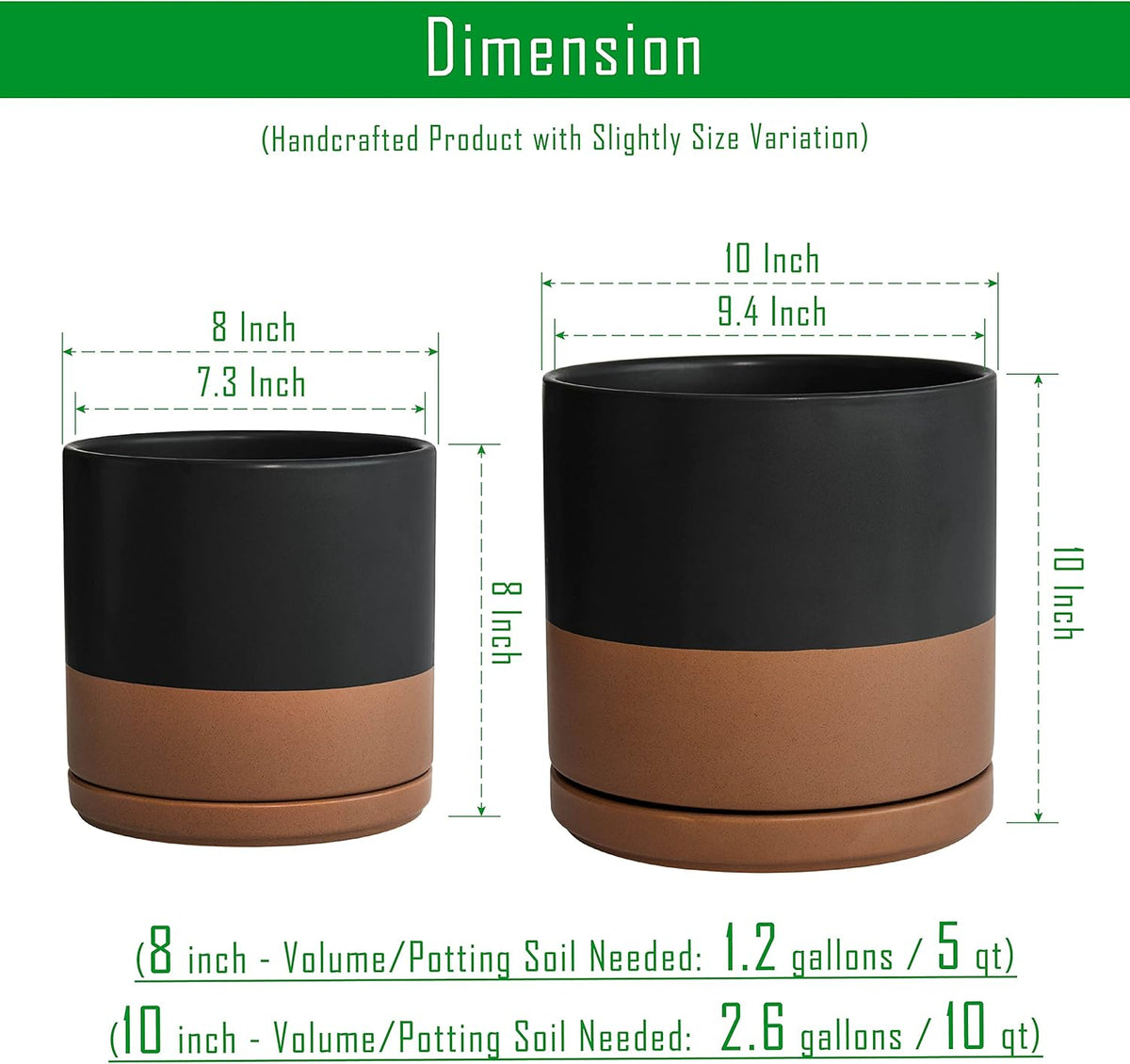 D'vine Dev 8 Inch & 10 Inch Ceramic Planter Pot for Plants with Drainage Hole and Saucer, Large