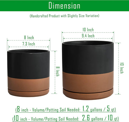 D'vine Dev 8 Inch & 10 Inch Ceramic Planter Pot for Plants with Drainage Hole and Saucer, Large