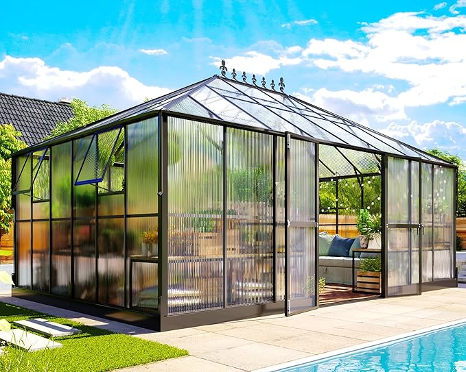 Jocisland 16x12x9.5 FT Polycarbonate Greenhouse- 6 FT Wall Height Outdoor Aluminum Greenhouses with