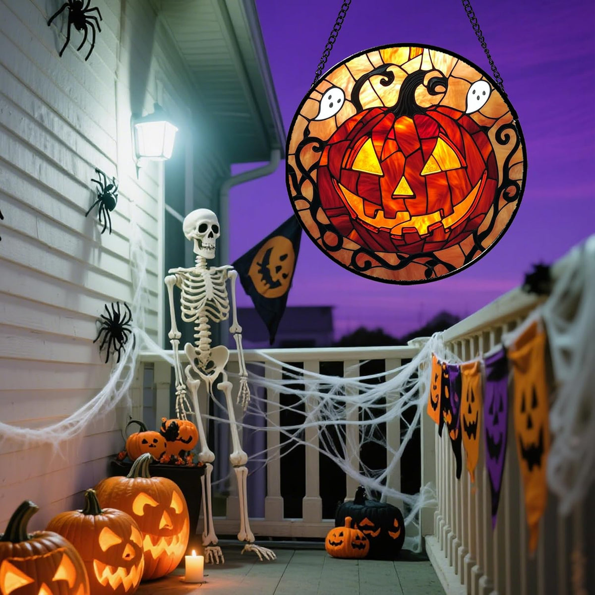 Stained Glass Window Hanging - Halloween Decorations Evil Pumpkin Orange Suncatcher for Doors